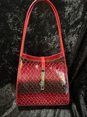 Red Croc-Effect Patent Shoulder Bag with Metallic Clasp